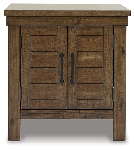 Signature Design by Ashley Moriville Rustic Farmhouse Rectangular End Table with Dual Cabinet Doors, Antique Bronze-Tone Hardware, Wood, 25" High, Brown - color: Dark Brown
