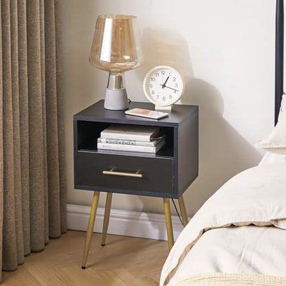 IBUYKE Nightstand, Mid Century Modern Night Stand, Bedside Table with Drawers and Open Storage Shelf, End Side Table with Metal Legs, for Bedroom, Small Spaces,Black UWNS004B - color: Black
