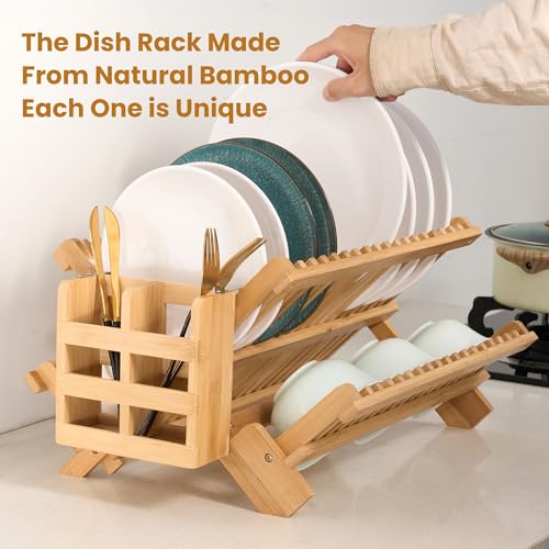 NOVAYEAH Bmaboo Dish Drying Rack for Kitchen Counter 3-Tier Collapsible Wooden Dish Drying Rack with Utensil Holder Dish Drainer Large Folding Dish Rack with Utensils Flatware Holder 51 pcs Grid - color: 3-tier Upgrade (Bamboo)
