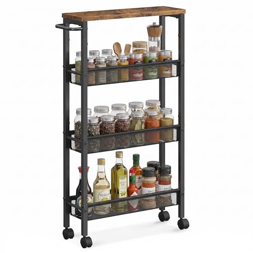 SONGMICS HOME Slim Rolling Cart, 4-Tier Storage Cart with Wheels and Handle, Narrow Utility Cart for Kitchen, Living Room, Brown and Black - style: 4 Tiers
