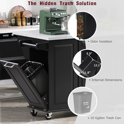 Kitchen Island with Trash Can Storage Cabinet and Faux Marble Top | Black, 50.7" Rolling Kitchen Cart on Wheels with Drop Leaf, Spice Rack, Towel Rack and Adjustable Shelf for Dining Room - color: Black