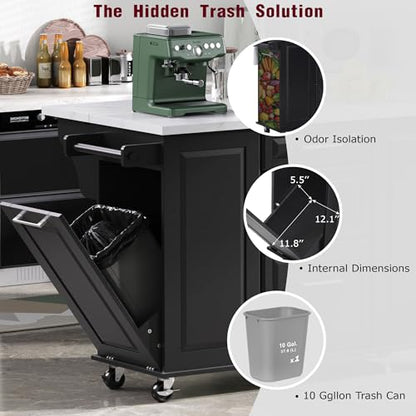 Kitchen Island with Trash Can Storage Cabinet and Faux Marble Top | Black, 50.7" Rolling Kitchen Cart on Wheels with Drop Leaf, Spice Rack, Towel Rack and Adjustable Shelf for Dining Room - color: Black
