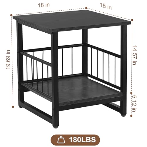 End Table, Industrial Side Table with 2-Tire Storage Shelf, 180LBS Mini Fridge Stand with Adjustable Feet, 18"x18" Wood Night Stand Small Bedside Table with Sturdy Metal Frame for Living Room Bedroom - color: Black 1pc 18inch