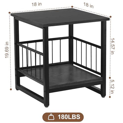 End Table, Industrial Side Table with 2-Tire Storage Shelf, 180LBS Mini Fridge Stand with Adjustable Feet, 18"x18" Wood Night Stand Small Bedside Table with Sturdy Metal Frame for Living Room Bedroom - color: Black 1pc 18inch