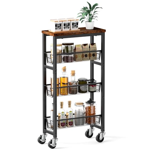 Honest Slim Storage Cart 4-Tier Slim Rolling Cart with Metal Frame and Wooden Top, 6.3 Inches, Storage Cart for Kitchen, Dining Room, Living Room, Bathroom, Home Office, Rustic Brown and Black - size: 4 Tiers (6.3"D x 30.3"H)