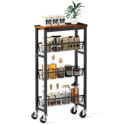 Honest Slim Storage Cart 4-Tier Slim Rolling Cart with Metal Frame and Wooden Top, 6.3 Inches, Storage Cart for Kitchen, Dining Room, Living Room, Bathroom, Home Office, Rustic Brown and Black - size: 4 Tiers (6.3"D x 30.3"H)