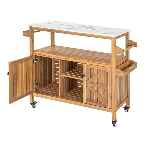 Merax Outdoor Acacia Wood Bar Cart, Natural Finish with Marble-Effect Top | Lockable Wheels & Bottle Holders for Indoor, Outdoor, Patio - style: Style 2