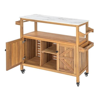 Merax Outdoor Acacia Wood Bar Cart, Natural Finish with Marble-Effect Top | Lockable Wheels & Bottle Holders for Indoor, Outdoor, Patio - style: Style 2