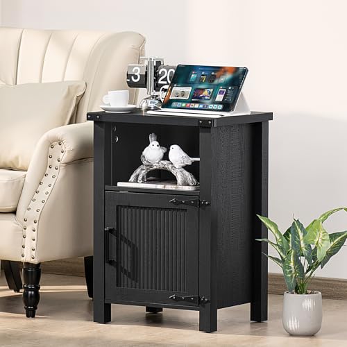 Joaxswe Night Stand, 18 Inch Farmhouse Nightstand with with Charging Station and USB Port, Rustic Couch End Table with Magnetic Door, Wood Bed Side Tables for Bedroom, Home, Black - color: Black
