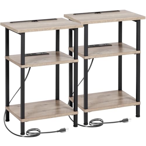 AMHANCIBLE Side Table with Charging Station, End Tables Living Room Set 2 | Narrow Nightstand & Side Tables Bedroom, Small End Table with 3 Open Shelves & USB Type-C Ports, Grey - color: Greige