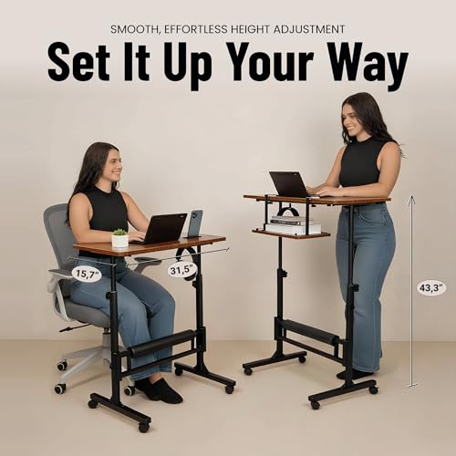 Small Rolling Desk with Wheels, Adjustable Height 27"-43.3" Portable Standing Desk, 31.5"x15.7" Tabletop, Mobile Laptop Computer Table for Home Office Workstation, Rustic Brown - color: Rustic Brown