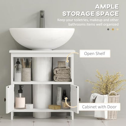kleankin Pedestal Sink Storage Cabinet, Bathroom Under Sink Cabinet with 2 Doors and Open Shelf, Bathroom Vanity, White - color: White
