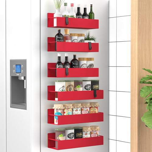 Metal Magnetic Spice Rack for Refrigerator Red, 6 Pack | Magnetic Shelves Heavy Duty for Fridge in Kitchen, Seasoning Storage Organizer, For Oven Washer and Dryer, For Heavier Items - color: Red, size: 6 Pack