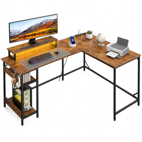 DEVAISE 60 Inch L Shaped Gaming Desk with LED Lights, Rustic Brown | Steel frame and engineered wood desktop with 2 AC outlets, 2 USB ports, monitor stand, and shelves for gaming setups - color: Rustic Brown, size: 60 Inch