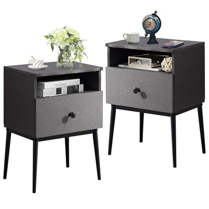 VECELO Night Stand Set of 2,Modern Solid Wood Nightstand with Storage Shelf and Drawer, Bedside Table End Table for Living Room,Bedroom,Entryway,Easy Assembly,Gray - color: Dark Gray(set of 2)