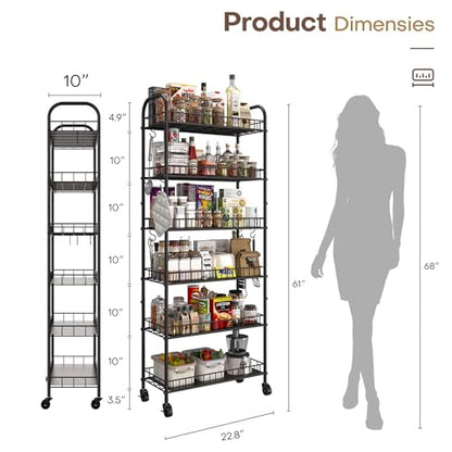 6 Tier Slim Storage Cart with Wheels, Metal Mobile Shelving Unit Organizer Utility Cart for Office Bathroom Kitchen Laundry Room Narrow Places (10inches) - size: 10inches