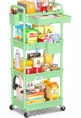 SUNALLY 4 Tier Rolling Utility Cart with Drawer, Storage Organizer Cart with 2 Lockable Wheels, Multifunctional Rolling Storage Cart for Bathroom, Kitchen, Craft, Makeup, Baby Essentials, Green - color: Green, size: 4 Tier