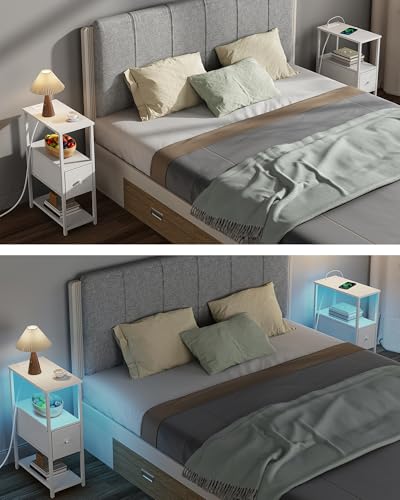 TUTOTAK Small Narrow LED End Table with Charging Station, Side Table Outlets, Nightstand with Cloth Drawer, Set of 2, Couch Table, for Living Room, Bedroom, Bedside, White TB01BW059 - color: White, style: 1 Drawer with Plug & Light