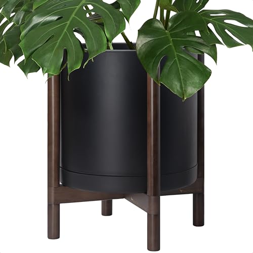 D'vine Dev Plastic Pot with Walnut Wood Stand, Black, 16 in, 55-C-X-2 | Mid-Century Inspired Design, Elevated Plant Display, Clean Lines, Sturdy Support, Modern Space-Saving Style - color: Matte Black Pot + Walnut Color Stand, size: 16 Inch