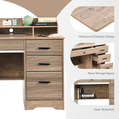 Computer Desk with 4 Drawers and Hutch, Wood Executive Desks with File Drawer and Shelves, Small Desk Study Table for Bedroom, Student Teen Writing Laptop Table, Grey - color: Grey