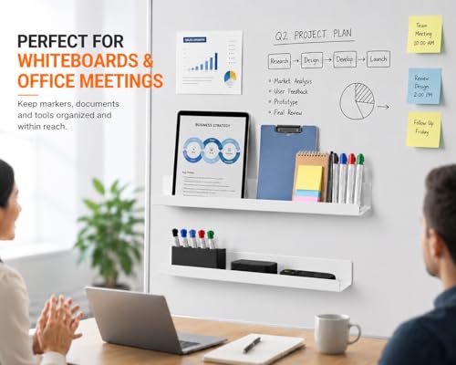 2 Pack Magnetic Book Shelf for Whiteboard, 17 Inch Heavy Duty Metal Magnetic Shelves, Holds 12 lbs, Magnetic Book Display for Classroom Furniture, Office - White - color: White