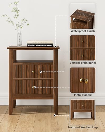 Fluted Nightstand, Farmhouse Night Stand with 2 Drawers, Mid Century Modern Side Accent Table,Bedside End Table for Bedroom, Living Room, Brown - color: Walnut Brown, size: 2 Drawers