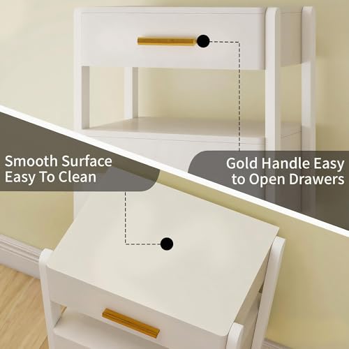 Nightstand with 2 Drawers and Open Shelf Wooden Bedside Table Gold Handles Modern Storage Night Stand Sensor Light for Bedroom, White - color: White
