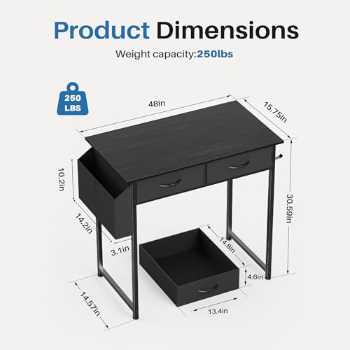 OLIXIS 32 Inch Small Desk, Gaming Computer Desk, Side Bag | Fabric Drawers, Headphone Hook, Home Office, Work Table, Writing Study, Bedroom, Black - color: Black, size: 32 in