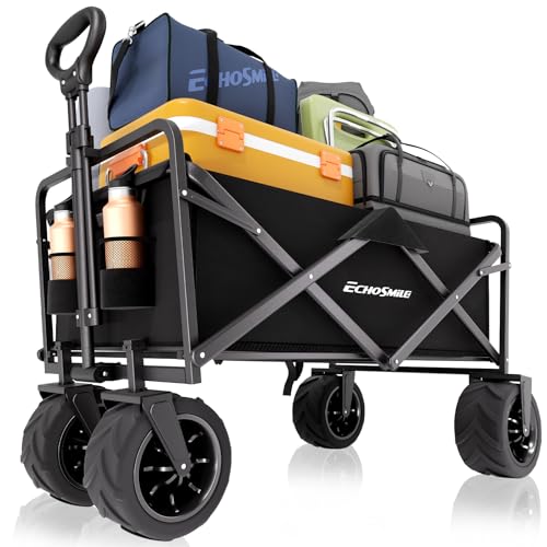 EchoSmile Heavy Duty 350 Lbs Capacity Collapsible Wagon, Outdoor Folding Camping Grocery Portable Utility Cart, Adjustable Rolling Carts, All Terrain Beach Wagon with Big Wheels (Black-Arrow) - color: Black-arrow