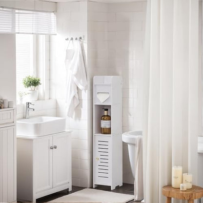 VECELO Storage Cabinet for Small Spaces,Skinny Toilet Paper Holder Stand with Anti-Drop Fence and Roller Storage, White - size: CV1