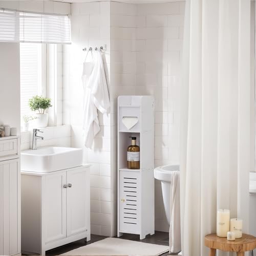 VECELO Storage Cabinet for Small Spaces,Skinny Toilet Paper Holder Stand with Anti-Drop Fence and Roller Storage, White - size: CV1
