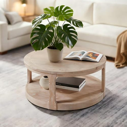 Coffee Table Round 40 inch for Living Room Modern 2-Tier Solid Wood Desktop Coffee Tables with Stroage Casters Circle Drum Tea Wooden Handcraft Home Furniture for Apartment Easy Assembly Oak - color: 40 Oak 2-tier