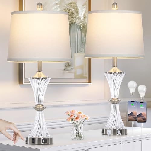 Rinweey Crystal Glass Table Lamp Set of 2 With USB C+A Ports & AC Outlet - White Clear Modern Bedroom Lamps for Night Stands, Living Room - Silver Nightstand Lamps With LED Bulbs Included - color: Silver