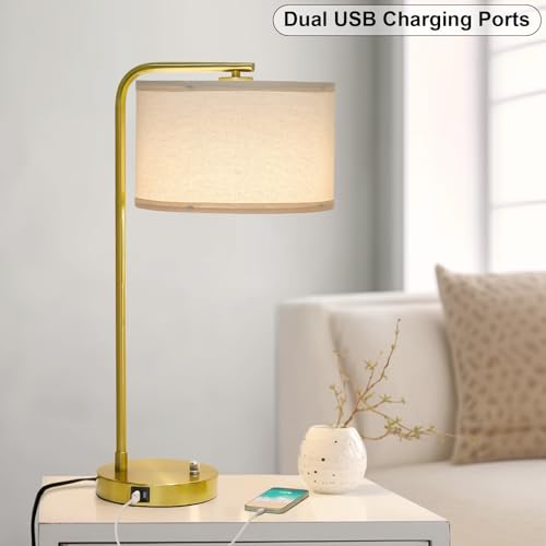 Fully Dimmable Bedside Lamp with C+A USB Ports, Mordern Gold Nightstand Lamp Desk Reading Lamp with Beige Drum Shade, Tall Side Table Lamp for Living Room Bedroom Office, 9W LED Bulb Included - color: Gold