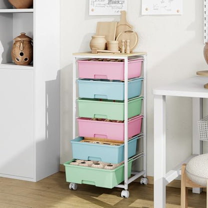 Rolling Storage Cart with 6 Drawers and Wooden Tabletop, Lockable Wheels Utility Cart for Art Studios, Office Supplies & Craft Room Organization (Rainbow) - color: Rainbow
