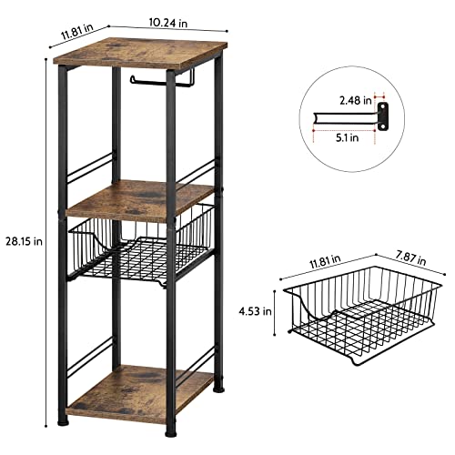 Bathroom Storage Shelf Floor Standing Toilet Storage Cabinet with Drawer | 3 Tier Narrow Shelving Unit, Open Storage Shelves, Adjustable Feet, for Small Spaces, Laundry Room, Kitchen, Rustic Brown