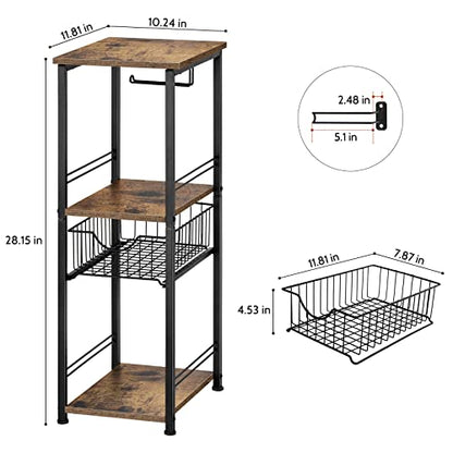 Bathroom Storage Shelf Floor Standing Toilet Storage Cabinet with Drawer | 3 Tier Narrow Shelving Unit, Open Storage Shelves, Adjustable Feet, for Small Spaces, Laundry Room, Kitchen, Rustic Brown