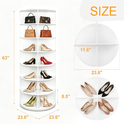 7 Tier Rotating Shoe Rack Tower, Large Storage Organizer for 28-Pair Shoes, Space-Saving Free Standing Shoe Racks for Display Handbags Hats Decor - White