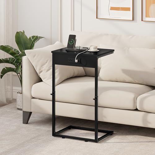Vagusicc C Shaped End Tables Set of 2 with Charging Station, 33.2'' Tall C Table Adjustable Height Side Table, Small Side Table for Small Spaces, Couch Sofa Table TV Tray for Living Room, Black - color: Black (2 Pack), style: With Plug