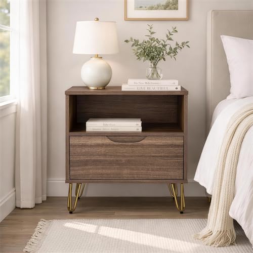Manhattan Comfort Avira 20 Inch Nightstand with Drawer and Shelf, Mid Century Modern Bedroom Stand with Storage, Compact Side End Table with Metal Legs, Brown - color: Brown