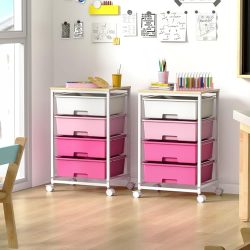 SYKIARIOL Rolling Cart with Drawers, 4-Drawer Utility Cart, Pink | 4 Tier Drawer Cart with Wooden Top for Home Office, Kid Room, Classroom Teacher, Dorm, - color: Dark Pink