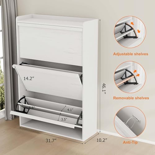 Garvee Shoe Cabinet with 3 Flip Drawers, Hidden Wood Shoe Cabinet,Freestanding Shoe Storage Cabinet with Adjustable Shelf for Entryway Hallwa, Living Room, Living Room, White - color: White
