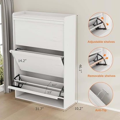 Garvee Shoe Cabinet with 3 Flip Drawers, Hidden Wood Shoe Cabinet,Freestanding Shoe Storage Cabinet with Adjustable Shelf for Entryway Hallwa, Living Room, Living Room, White - color: White