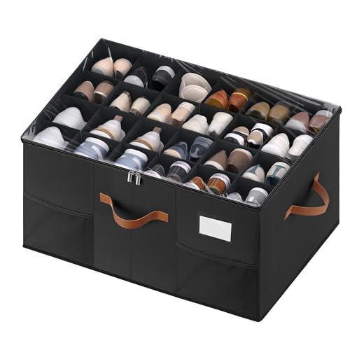 Shoe Organizer for Closet, 1 Pack Shoe Storage Container with Adjustable Dividers, Space Saving Shoe Box Storage Organizer Bin with Clear Lid and 4 Handles, Fits 12-24 Pairs, Black - color: Black, size: (1 Pack) 25 ½"L x 17"W x 12 ½"H