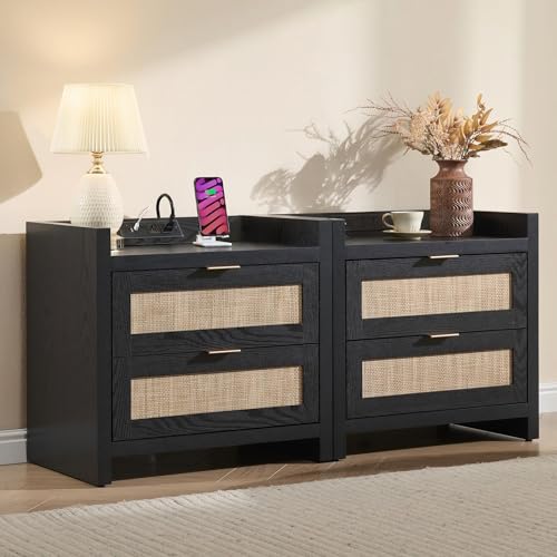 SICOTAS Black Nightstands Set of 2 Bed Side Table - Boho Night Stand End Table with Type-C Charging Station, 2 Rattan Decor Drawers Storage Cabinet Night Stands for Bedroom, Black Oak - color: Black Oak(2 Drawers), size: 2 Pieces