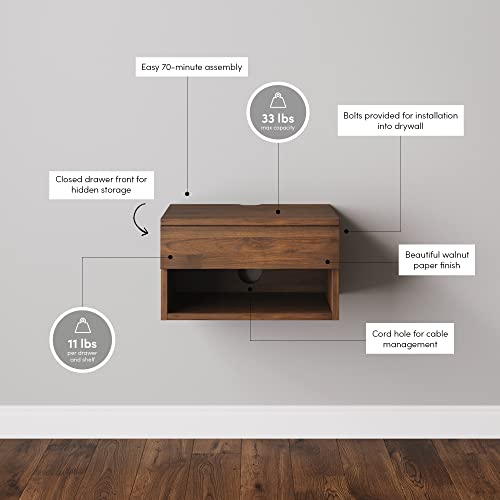 Nathan James Jackson Wall Mounted Floating Bedroom Nightstand with Storage Drawer and Modern Open Shelf Cubby Set of 2, Dark Brown Walnut - color: Brown Walnut, size: Set of 2