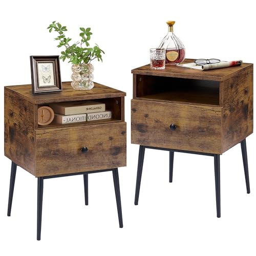 VECELO Modern Nightstands Set of 2,Square End Side Table with Drawer and Storage Space for Bedroom and Living Room - color: Antique Brown(set of 2)