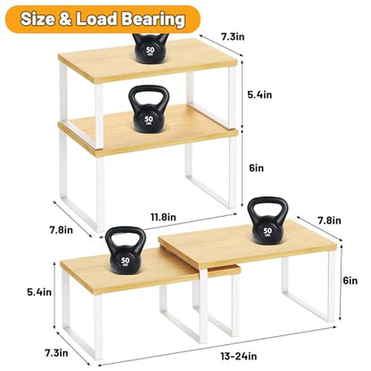 Kitchen Cabinet Organizer Shelf Set of 4, Sturdy Kitchen Counter Shelves with Metal Legs, Stackable Expandable Wood Spice Rack Pantry Cupboard Dish Mug Cup Storage Organizer Shelf,White+Bamboo - color: White+Bamboo