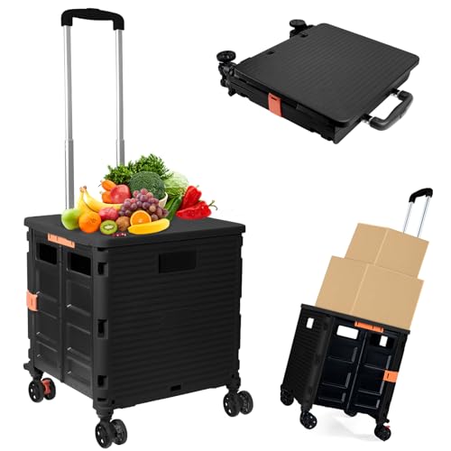 Foldable Utility Cart Folding Portable Rolling Crate Handcart Shopping Trolley Wheel Box with Lid Wear-Resistant Noiseless 360°Rotate Wheel for Travel Shopping Moving Storage Office Use (Black) - color: Black, size: PRO