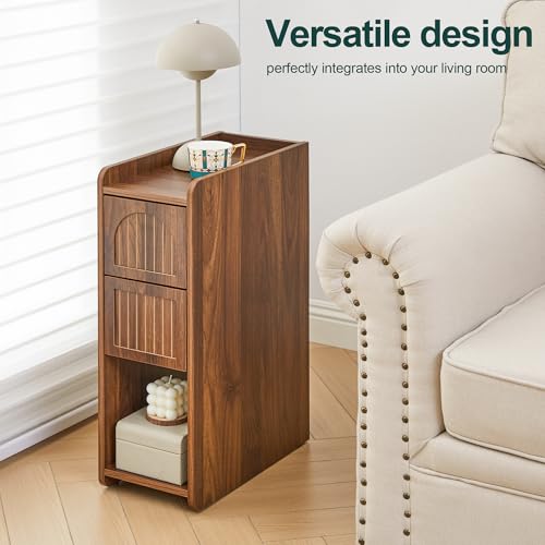 FurSch Fluted Narrow Nightstand & Skinny Bedside Table for Bedroom, Thin Night Stand Side End Table with 2 Drawers and Open Shelf for Small Spaces (Walnut-2 pcs)